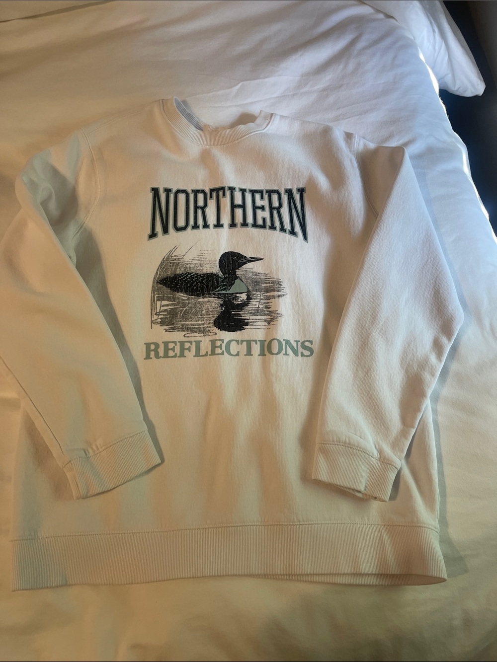 Northern Reflections White Crewneck with Loon Graphic